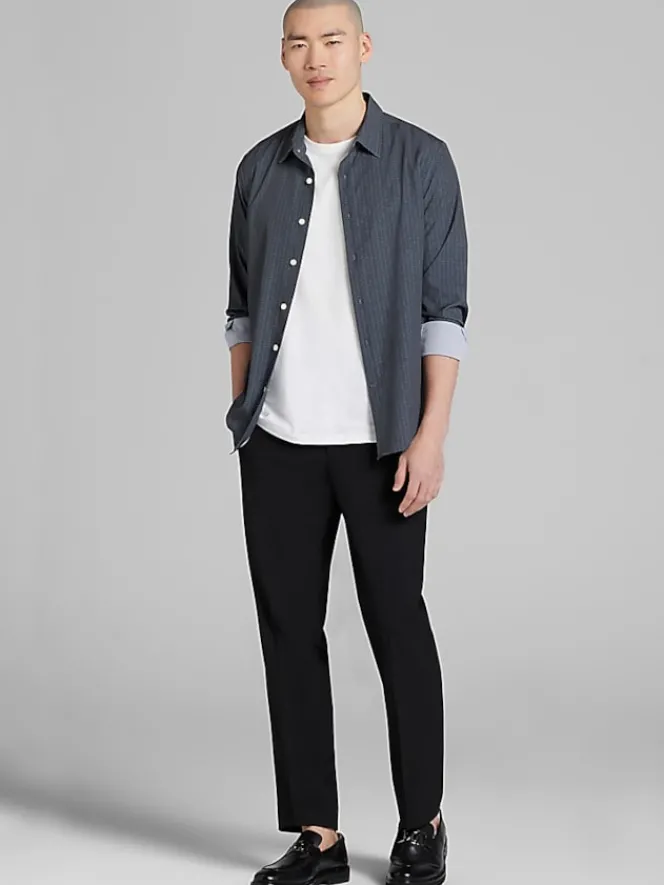 Button Up Shirts|Long Sleeve Button Up Shirts-Awearness Kenneth Cole Slim Fit Industrial Weave Print 4-Way Stretch Button Up Shirt Black/Grey