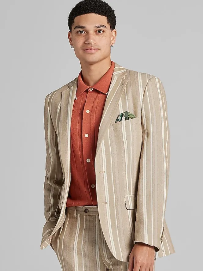 3-piece Suits|Suit Separates-Paisley &Amp; Gray Slim Fit Linen Blend Stripe Suit Jacket Tan Stripe