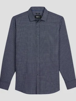 Button Up Shirts|Long Sleeve Button Up Shirts-Awearness Kenneth Cole Slim Fit Mini Square Dot 4-Way Stretch Button Up Shirt Navy