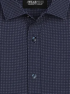 Button Up Shirts|Long Sleeve Button Up Shirts-Awearness Kenneth Cole Slim Fit Mini Square Dot 4-Way Stretch Button Up Shirt Navy