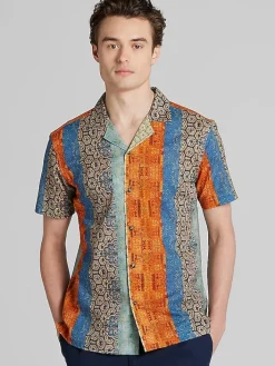 Button Up Shirts-Paisley &Amp; Gray Slim Fit Multistripe Camp Shirt Orange