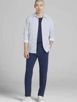 Button Up Shirts|Long Sleeve Button Up Shirts-Awearness Kenneth Cole Slim Fit Offset Geo Print 4-Way Stretch Button Up Shirt Blue