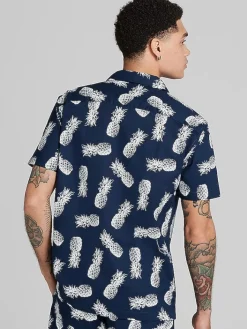 Button Up Shirts-Paisley &Amp; Gray Slim Fit Pineapple Short Sleeve Camp Shirt Navy