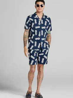 Button Up Shirts-Paisley &Amp; Gray Slim Fit Pineapple Short Sleeve Camp Shirt Navy