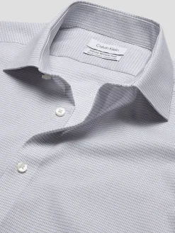 Designer Dress Shirts|Dress Shirts-Calvin Klein Slim Fit Spread Collar Plaid Dress Shirt Gray Stripe