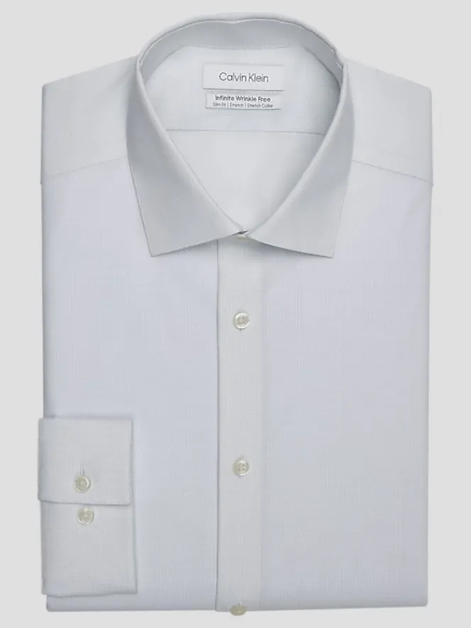 Designer Dress Shirts|Dress Shirts-Calvin Klein Slim Fit Spread Collar Textured Dress Shirt Lt Green Check