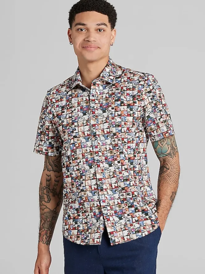 Button Up Shirts-Paisley &Amp; Gray Slim Fit Square Short Sleeve Button Up Shirt Red