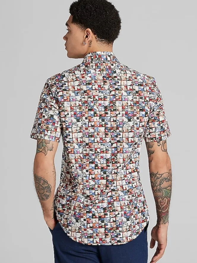 Button Up Shirts-Paisley &Amp; Gray Slim Fit Square Short Sleeve Button Up Shirt Red