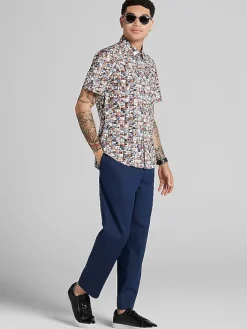 Button Up Shirts-Paisley &Amp; Gray Slim Fit Square Short Sleeve Button Up Shirt Red