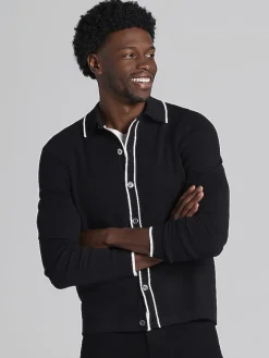 Sweaters|Casual Shop-Awearness Kenneth Cole Slim Fit Textured Tipped Jacket Sweater Black