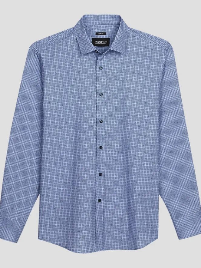 Button Up Shirts|Long Sleeve Button Up Shirts-Awearness Kenneth Cole Slim Fit Tile 4-Way Stretch Button Up Shirt Dark Blue