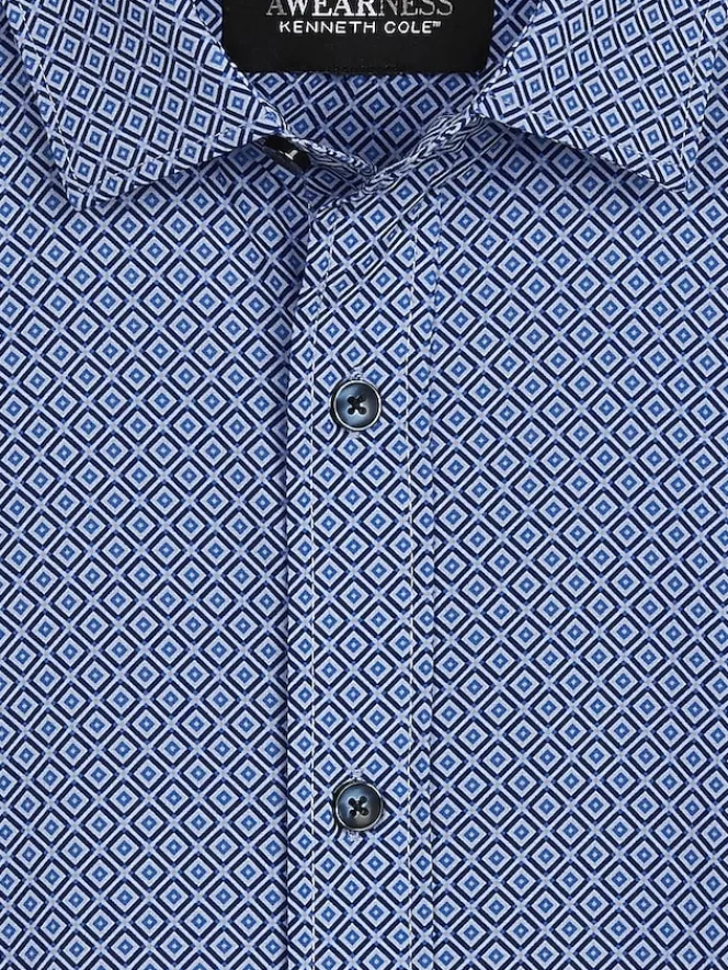 Button Up Shirts|Long Sleeve Button Up Shirts-Awearness Kenneth Cole Slim Fit Tile 4-Way Stretch Button Up Shirt Dark Blue