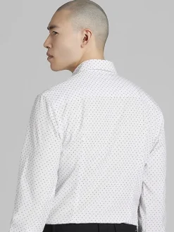 Button Up Shirts|Long Sleeve Button Up Shirts-Awearness Kenneth Cole Slim Fit Tri Dot 4-Way Stretch Button Up Shirt White/Black