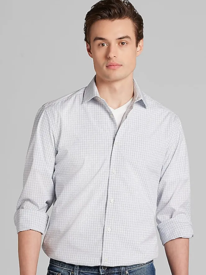 Designer Dress Shirts|Dress Shirts-Awearness Kenneth Cole Slim Fit Ultra Performance Stretch Mini Plaid Dress Shirt Lt Blue/Navy