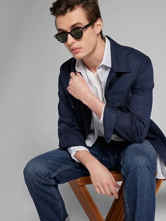 Designer Dress Shirts|Dress Shirts-Awearness Kenneth Cole Slim Fit Ultra Performance Stretch Mini Plaid Dress Shirt Lt Blue/Navy