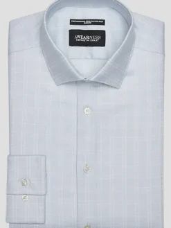Patterned Dress Shirts|Designer Dress Shirts-Awearness Kenneth Cole Slim Fit Ultra Performance Stretch Double Check Dress Shirt Light Blue Check