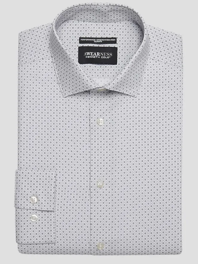 Patterned Dress Shirts|Designer Dress Shirts-Awearness Kenneth Cole Slim Fit Ultra Performance Stretch Circle Dot Dress Shirt Grey