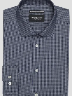 Patterned Dress Shirts|Designer Dress Shirts-Awearness Kenneth Cole Slim Fit Ultra Performance Stretch Micro Check Dress Shirt Navy