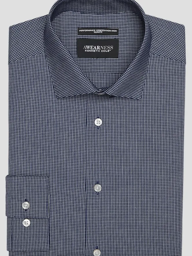 Patterned Dress Shirts|Designer Dress Shirts-Awearness Kenneth Cole Slim Fit Ultra Performance Stretch Micro Check Dress Shirt Navy