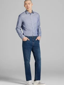 Patterned Dress Shirts|Designer Dress Shirts-Awearness Kenneth Cole Slim Fit Ultra Performance Stretch Grid Plaid Dress Shirt Royal Blue