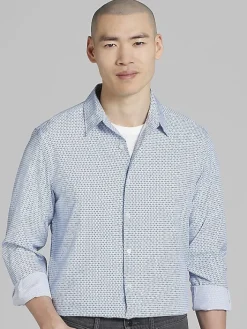 Button Up Shirts|Long Sleeve Button Up Shirts-Awearness Kenneth Cole Slim Fit Vertical Triangles 4-Way Stretch Button Up Shirt Light Blue/Navy