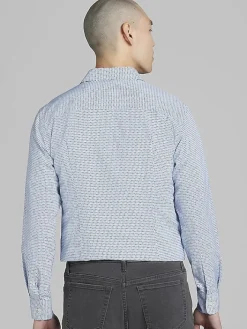 Button Up Shirts|Long Sleeve Button Up Shirts-Awearness Kenneth Cole Slim Fit Vertical Triangles 4-Way Stretch Button Up Shirt Light Blue/Navy