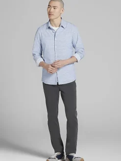 Button Up Shirts|Long Sleeve Button Up Shirts-Awearness Kenneth Cole Slim Fit Vertical Triangles 4-Way Stretch Button Up Shirt Light Blue/Navy