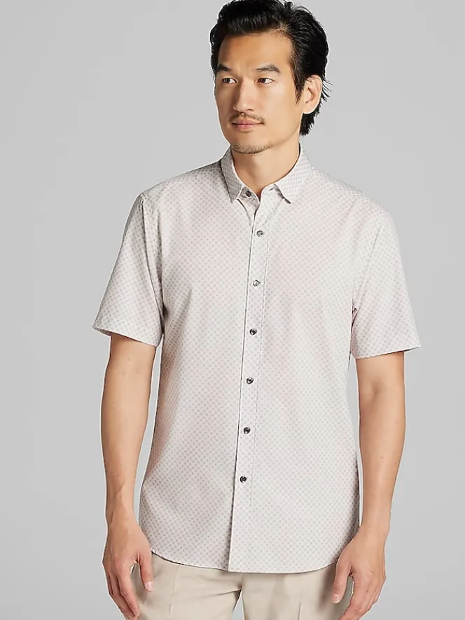 Casual Shirts|Button Up Shirts-Awearness Kenneth Cole Slim Fit 4-Way Stretch Short Sleeve Button Up Shirt Taupe