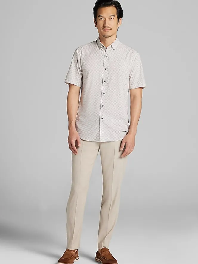 Casual Shirts|Button Up Shirts-Awearness Kenneth Cole Slim Fit 4-Way Stretch Short Sleeve Button Up Shirt Taupe