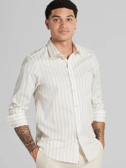 Button Up Shirts|Long Sleeve Button Up Shirts-Paisley &Amp; Gray Slim Fit Wide Stripe Button Up Shirt Tan