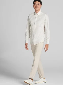 Button Up Shirts|Long Sleeve Button Up Shirts-Paisley &Amp; Gray Slim Fit Wide Stripe Button Up Shirt Tan