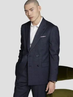 3-piece Suits|Suit Separates-Calvin Klein Slim FIt Wool Blend Double-Breasted Suit Jacket Navy Tic