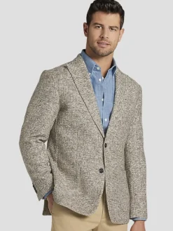 Sport Coats|Sport Coats-Joseph Abboud Slim FIt Wool Blend Knit Plaid Sport Coat Taupe Plaid