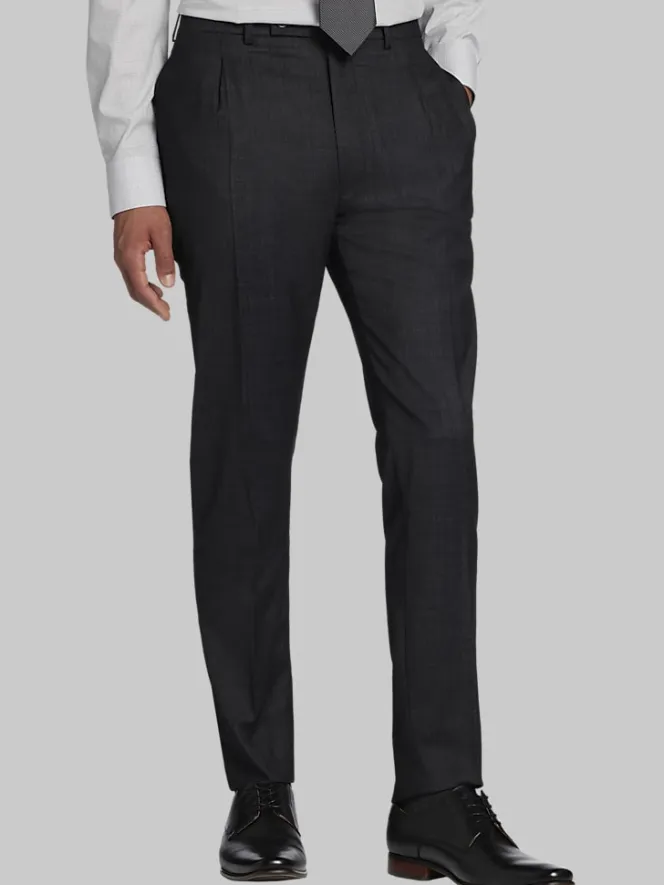Dress Pants|3-piece Suits-Calvin Klein Slim Fit Wool Blend Pleated Suit Pants Charcoal Tic