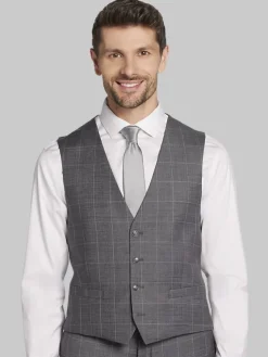 Big & Tall Suits|Vests-Calvin Klein Slim Fit Wool Blend Windowpane Suit Vest Med Gray Windowpane