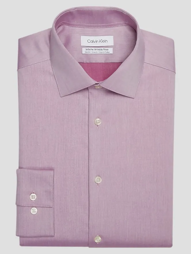 Solid Dress Shirts|Designer Dress Shirts-Calvin Klein Slim Fit Wrinkle-Resistant Dress Shirt Pink Solid