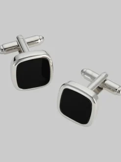 Tie Bars & Cufflinks-Pronto Uomo Square Black Cufflinks Silver/Blk