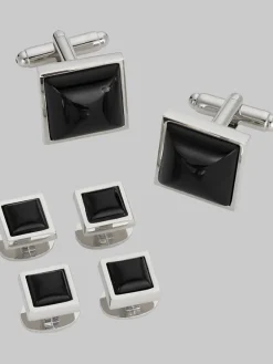Jewelry|Tie Bars & Cufflinks-Pronto Uomo Square Cufflinks & Studs Set Silv/Blk