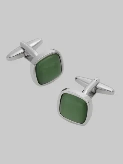 Tie Bars & Cufflinks-Pronto Uomo Square Olive Green Glass Cufflinks Silver