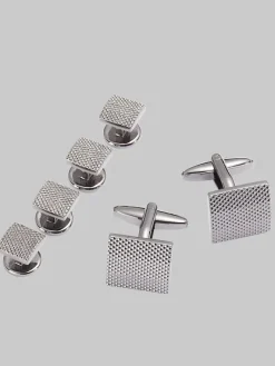 Tie Bars & Cufflinks-Pronto Uomo Square Textured Cufflinks & Studs Set Gunmetal