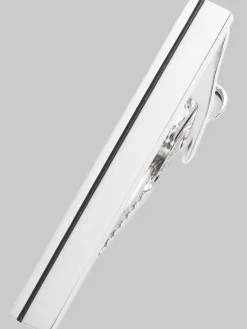 Jewelry|Tie Bars & Cufflinks-Pronto Uomo Stripe-Embellished Metal Tie Bar Silver