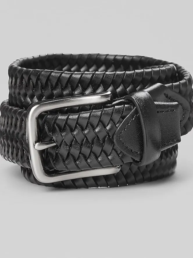 Belts-Joseph Abboud Tubular Braid Stretch Leather Belt Black